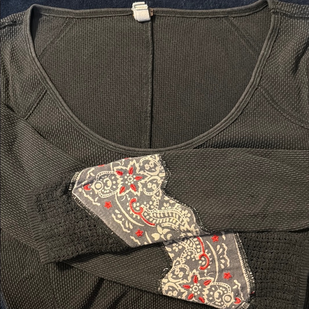 Free People Gray Long Sleeve Tee with Red Accents